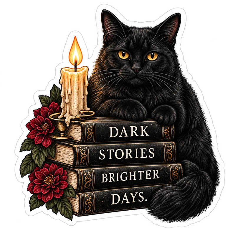 Dark Cat, Books & Blooms sticker design